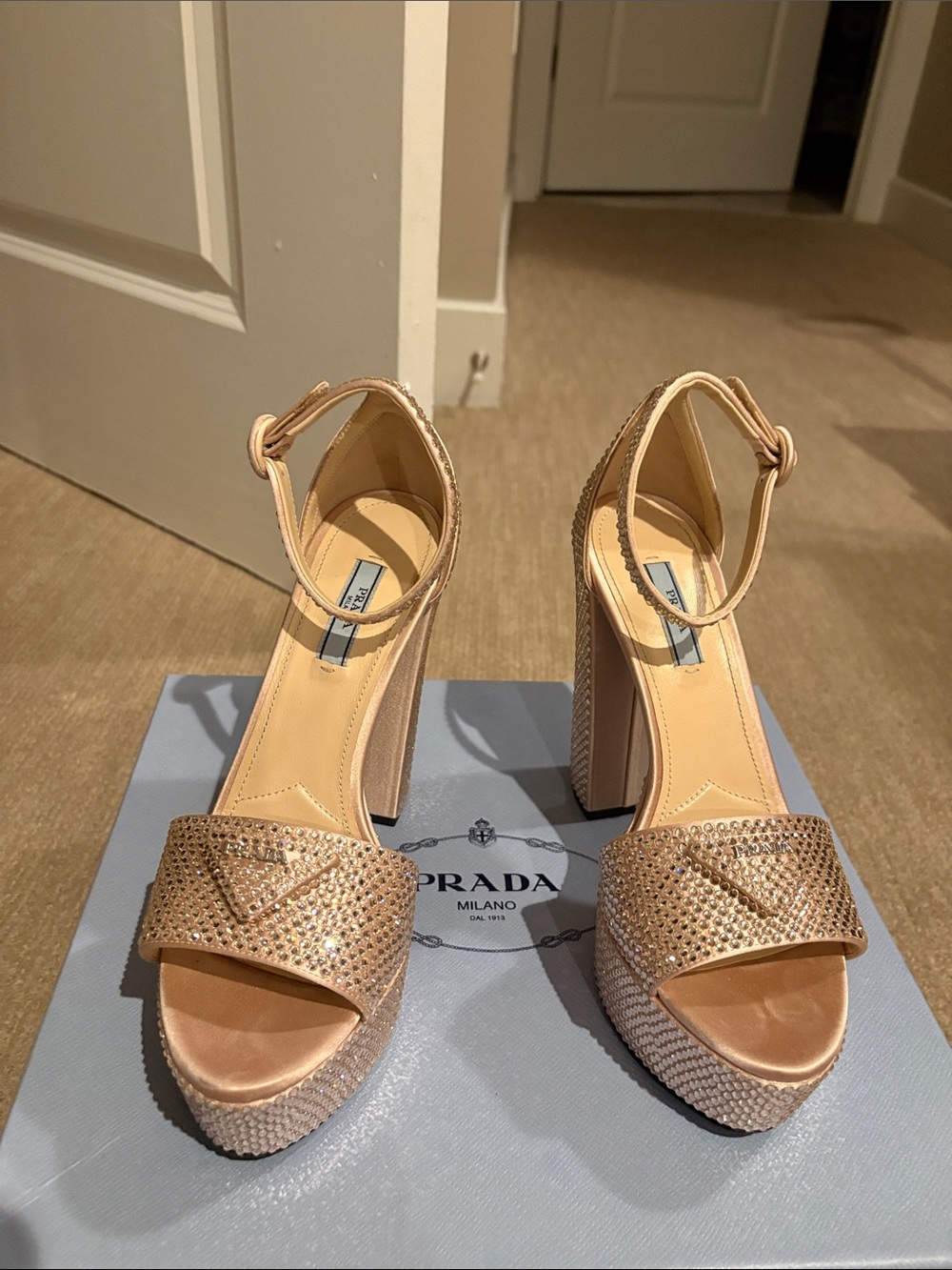 Prada Champagne Rhinestone Platform Block Heel Sandals